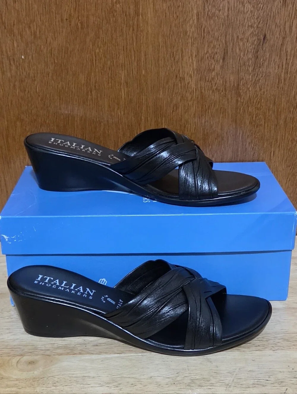 Italian Shoemakers Saylor Black Wedge Heel Sandals Size 9 Made In Italy NIB